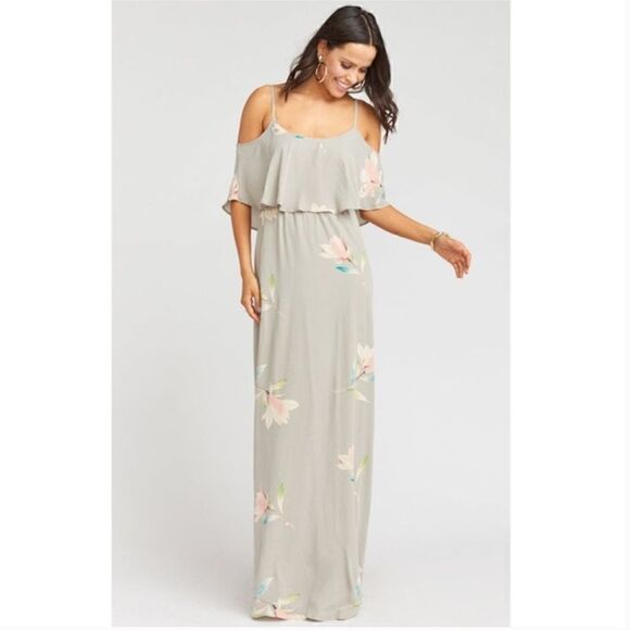 Show Me Your MuMu Caitlin Ruffle Maxi Dress in Lily Showers Gray Size Medium - Picture 1 of 11